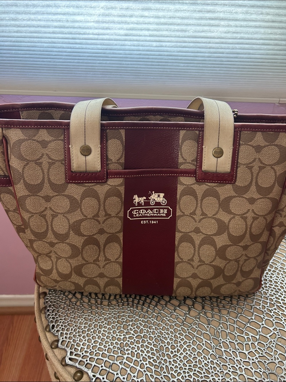 Coach Khaki Canvas Tote with Burgundy Leather Stripe and Cream Handles